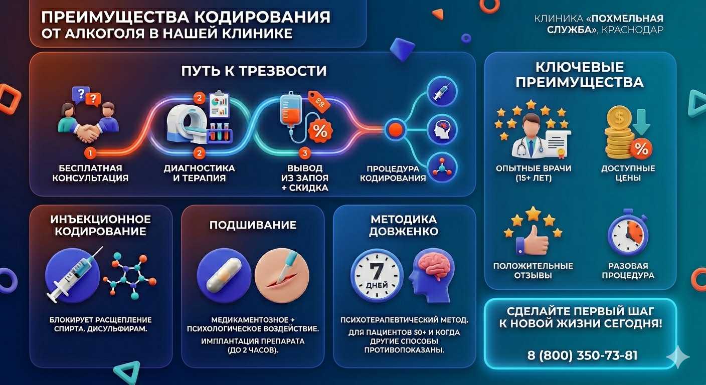 Инфографика о методах кодирования от алкоголя в Яе: инъекции, подшивание, метод Довженко. Преимущества клиники и этапы лечения.