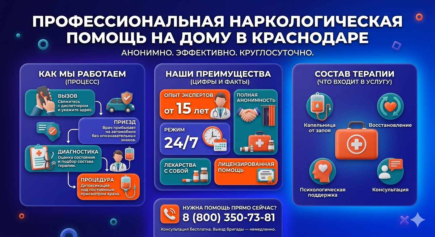 Инфографика о принципах лечения алкоголизма на дому в Яе: этапы вызова нарколога, преимущества анонимной детоксикации и состав медицинской помощи.